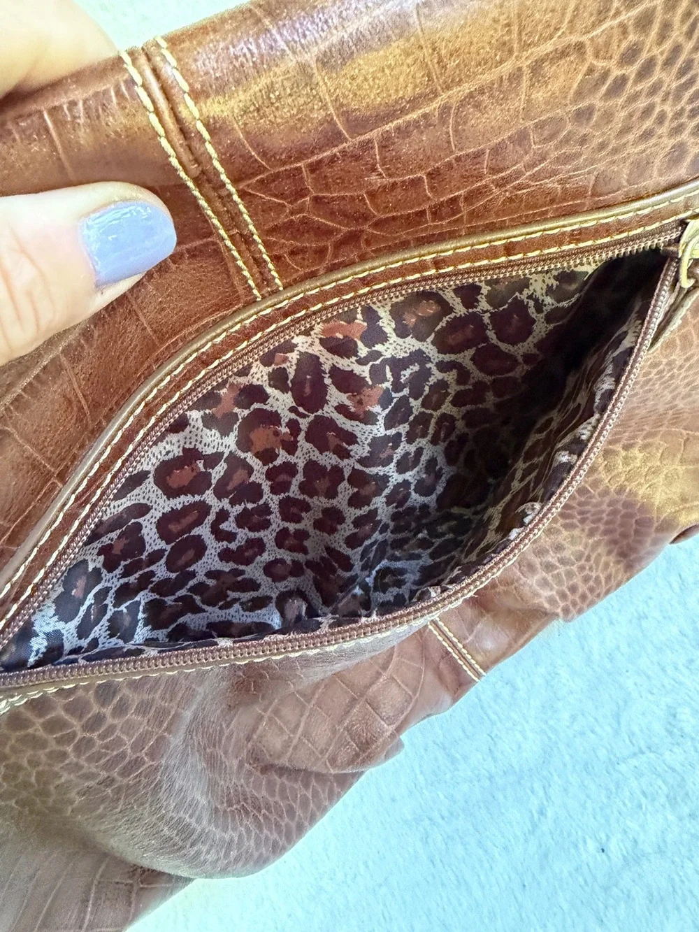 Maxx New York Brown Croc Embossed Hobo Purse Animal Print Lining Shoulder Bag